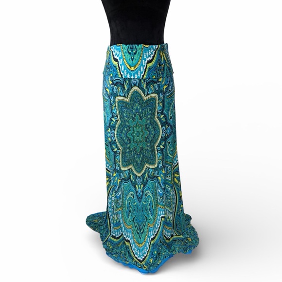 Arden B. Blue, Turquoise Medallion Print Fold Over Maxi long skirt, paisleydress - Picture 7 of 7